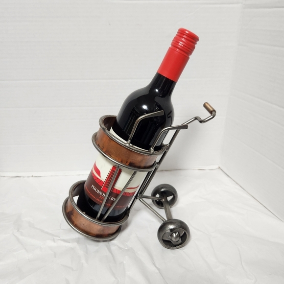 Vintage Metal Golf Cart Wine Bottle Holder Bronze Finish Handmade Rare Barware - Picture 1 of 8